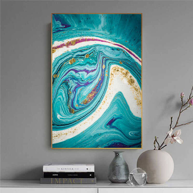 Abstract Flowing Golden Blue Kətan Tablo - 1