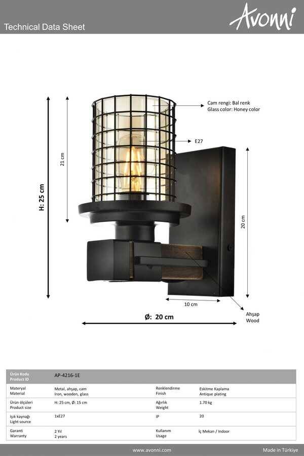 Eskitme Kaplama Bra Aplik E27 Metal Ahşap Cam 15x20cm - 3