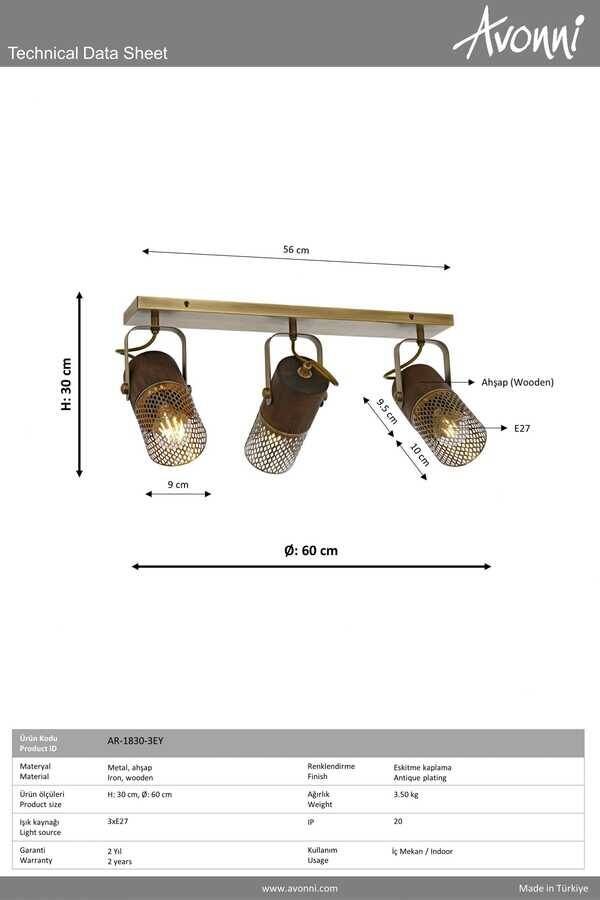 Eskitme Kaplama Modern Çilçıraq E27 Metal Ahşap 60x30cm - 2