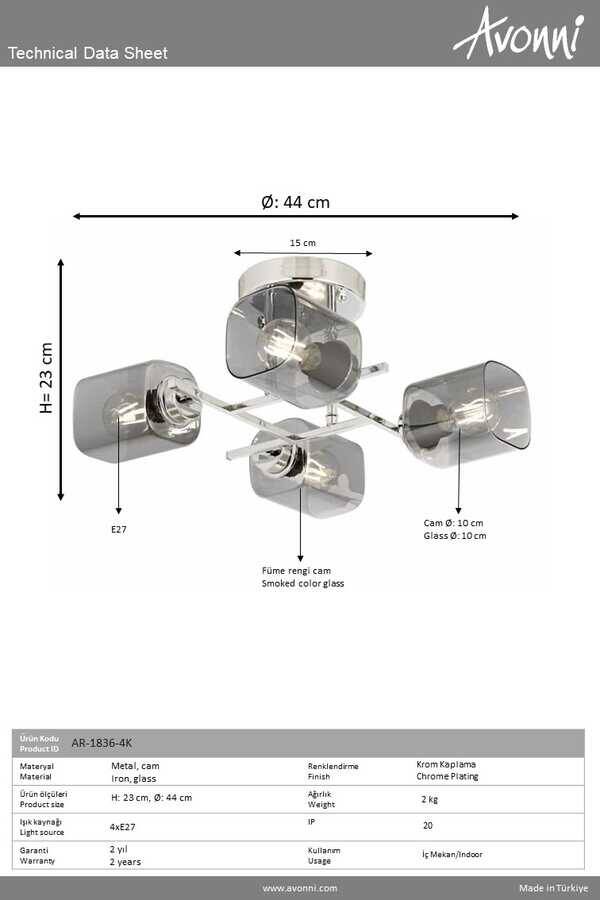 Krom Kaplama Modern Çilçıraq E27 Metal Cam 44cm - 2