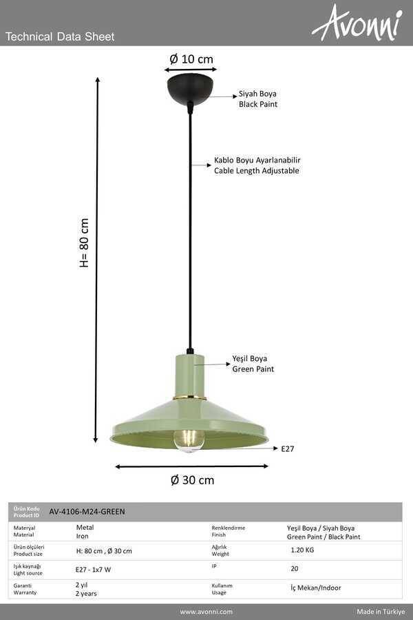 Yeşil Boyalı Modern Çilçıraq E27 Metal 30cm - 3