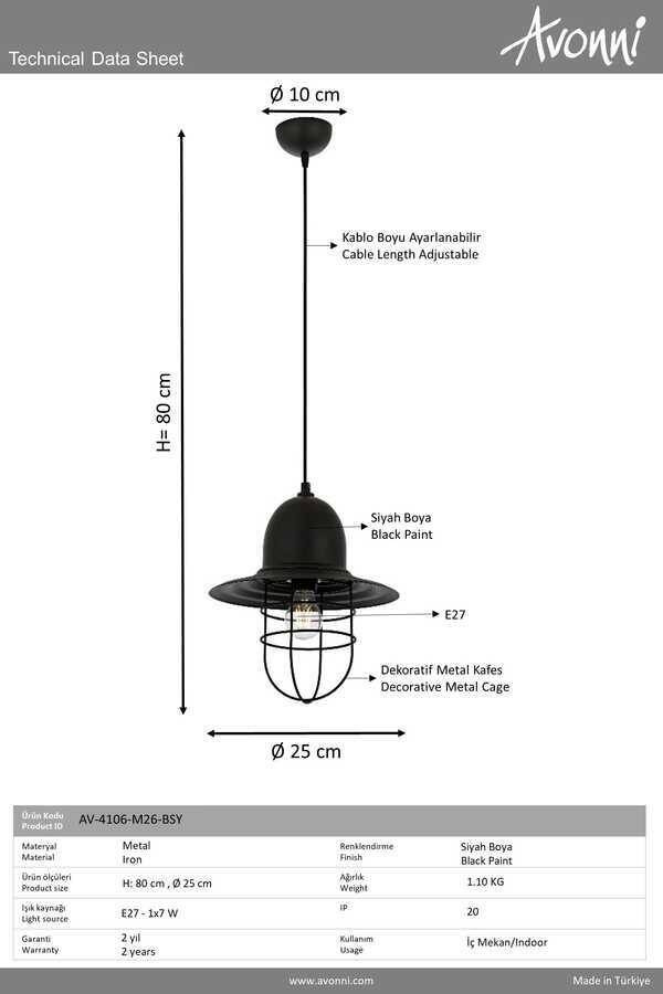 Siyah Boyalı Modern Çilçıraq E27 Metal 25cm - 2