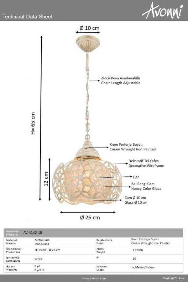 Krem Boyalı Modern Çilçıraq E27 Metal Cam 26cm - 3