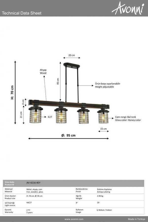 Eskitme Kaplama Modern Çilçıraq E27 Metal Ahşap Cam 95x15cm - 2