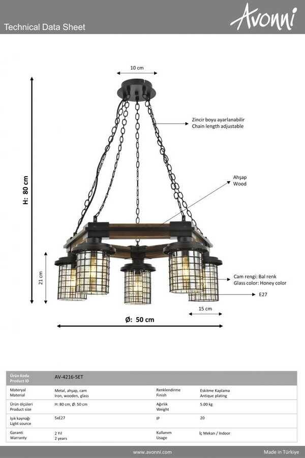 Eskitme Kaplama Modern Çilçıraq E27 Metal Ahşap Cam 50cm - 2