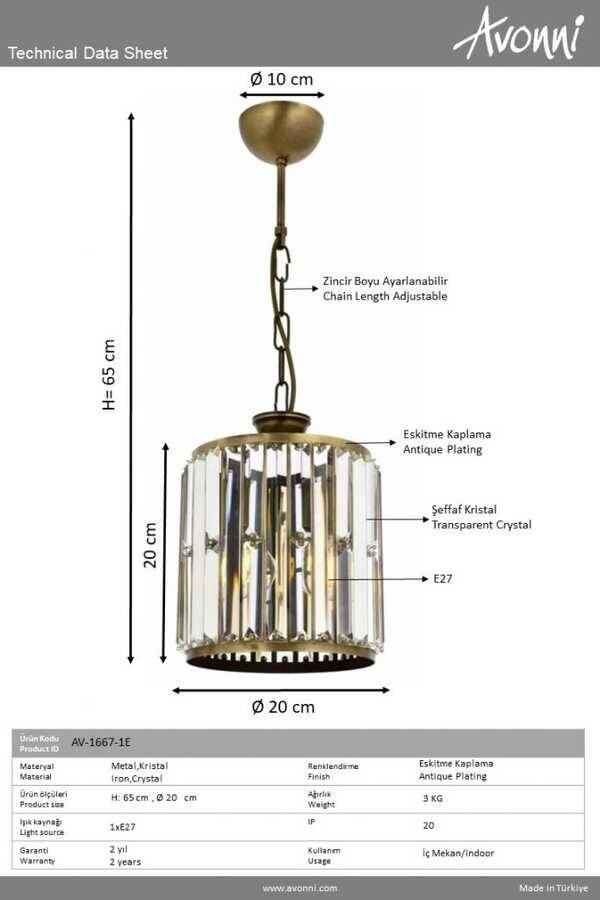 Eskitme Kaplama Modern Çilçıraq E27 Metal Kristal 20cm - 2