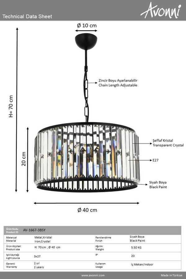 Siyah Boyalı Modern Çilçıraq E27 Metal Kristal 40cm - 4