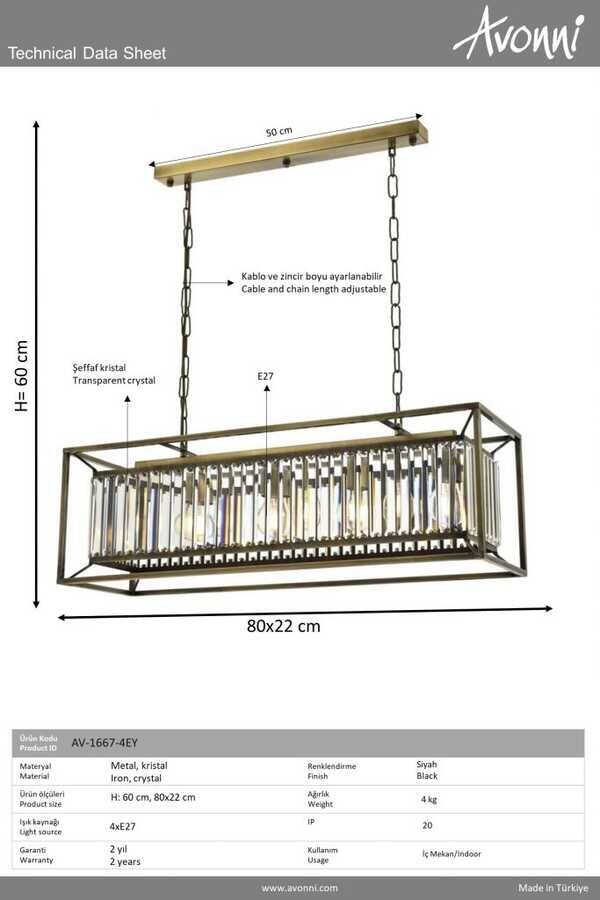 Eskitme Kaplama Modern Çilçıraq E27 Metal Kristal 80x22cm - 2