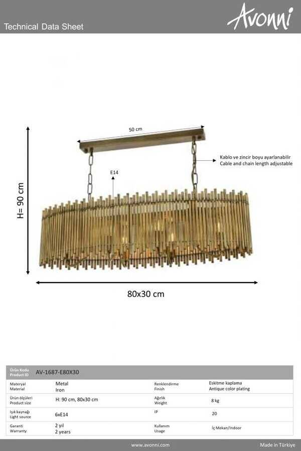 Eskitme Kaplama Modern Çilçıraq E14 Metal 80x30cm - 2