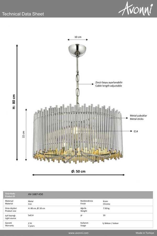 Krom Kaplama Modern Çilçıraq E14 Metal 50cm - 2