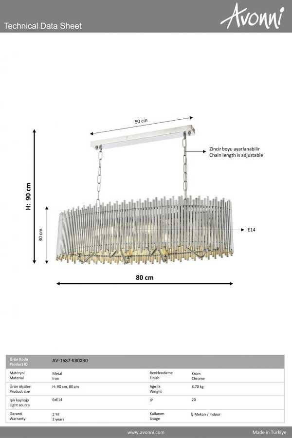 Krom Kaplama Modern Çilçıraq E14 Metal 80x30cm - 2