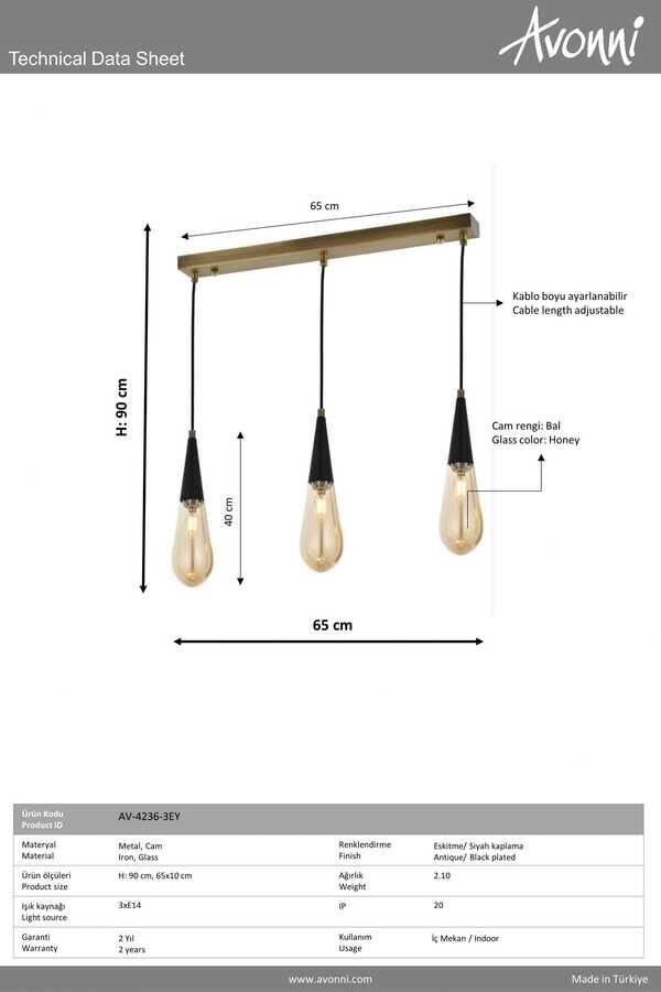 Eskitme Kaplama Modern Çilçıraq E14 Metal Cam 65x10cm - 2