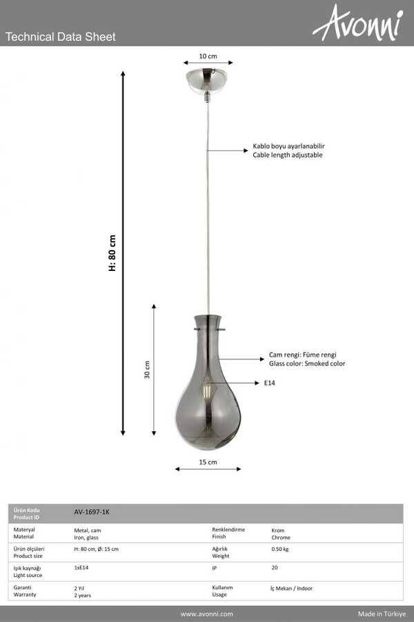 Krom Kaplama Modern Çilçıraq E14 Metal Cam 15cm - 2