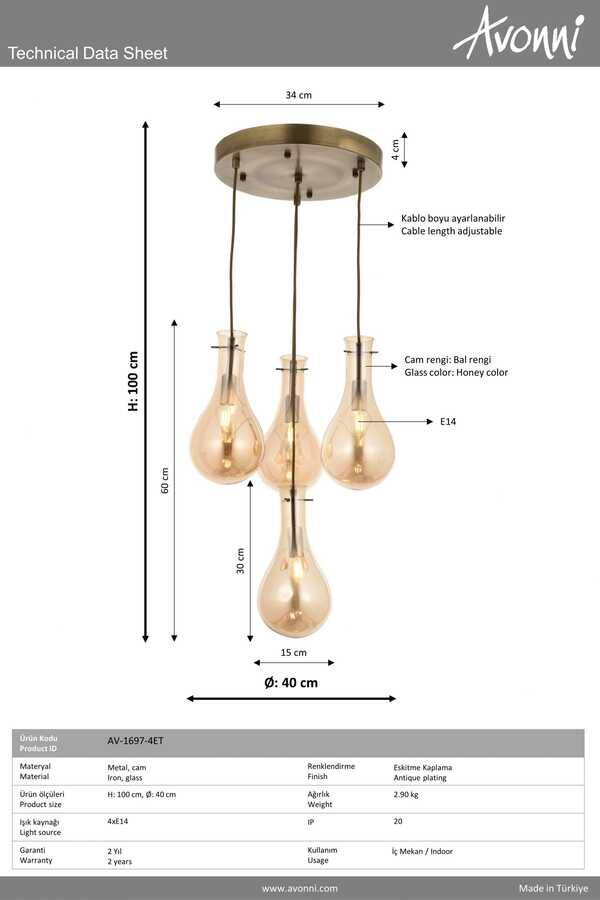 Eskitme Kaplama Modern Çilçıraq E14 Metal Cam 40cm - 3