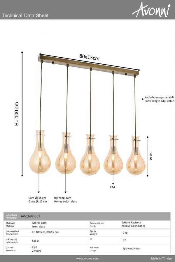 Eskitme Kaplama Modern Çilçıraq E14 Metal Cam 80x15cm - 3