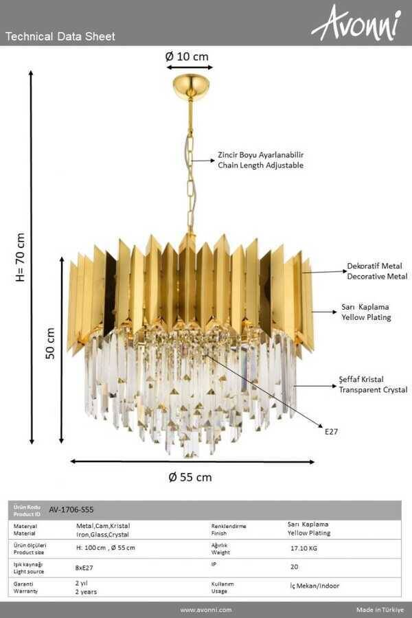 Sarı Kaplama Modern Çilçıraq E27 Metal Kristal 55cm - 4