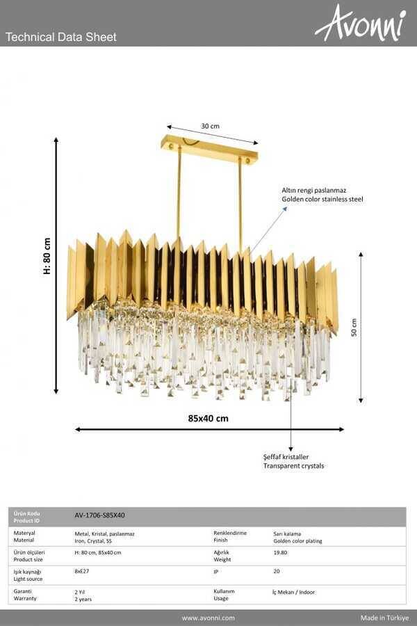 Sarı Kaplama Modern Çilçıraq E27 Metal Kristal 85x40cm - 2