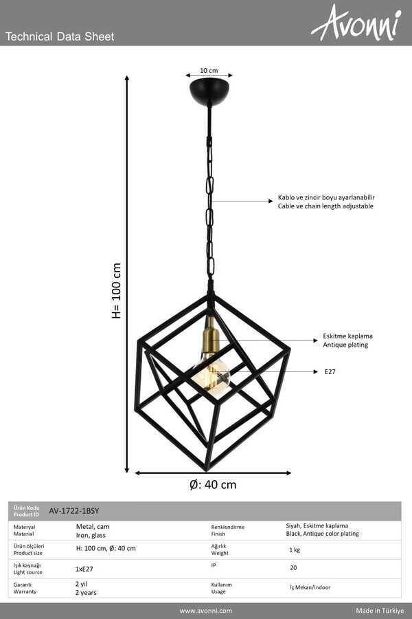 Siyah Boyalı Modern Çilçıraq E27 Metal 40cm - 2