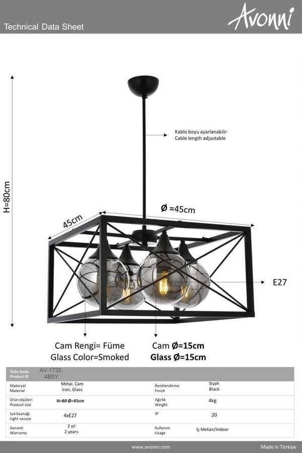 Siyah Boyalı Modern Çilçıraq E27 Metal Cam 45cm - 2