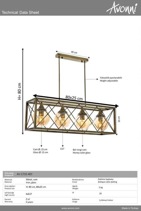 Eskitme Kaplama Modern Çilçıraq E27 Metal Cam 80x25cm - 2