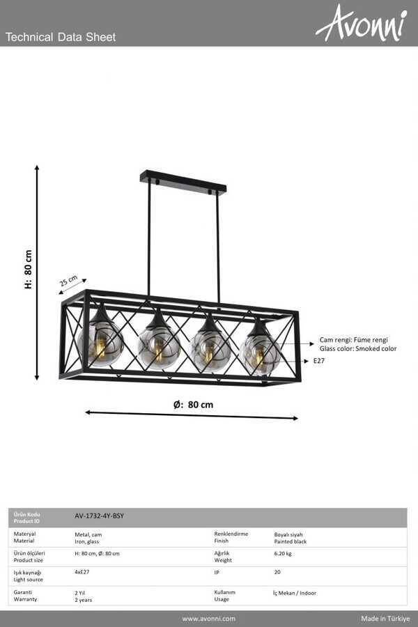 Siyah Boyalı Modern Çilçıraq E27 Metal Cam 80x25cm - 2