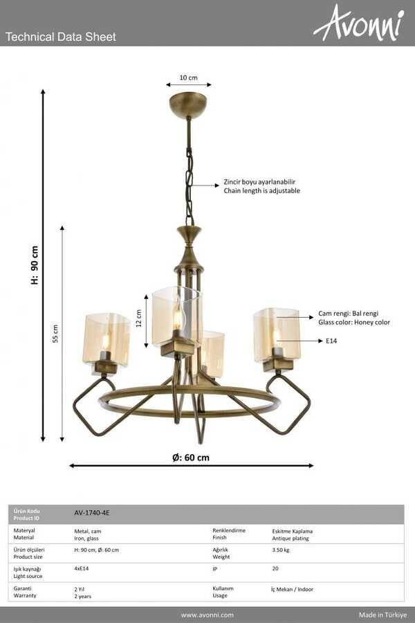 Eskitme Kaplama Modern Çilçıraq E14 Metal Cam 60cm - 3