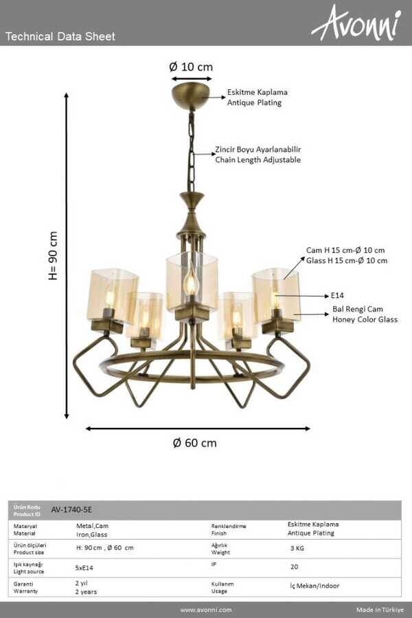 Eskitme Kaplama Modern Çilçıraq E14 Metal Cam 60cm - 4