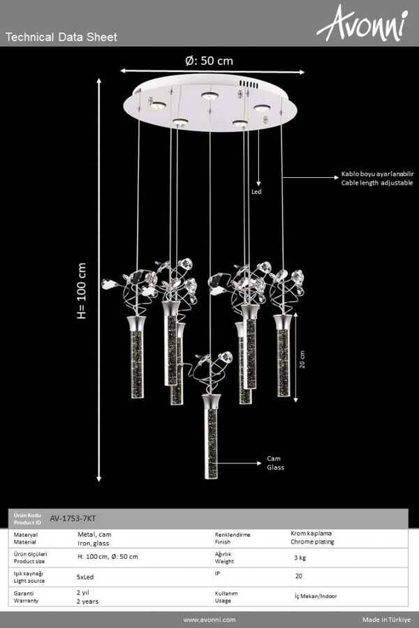 Krom Kaplama Modern Çilçıraq LED Metal Pleksi Cam 50cm - 4