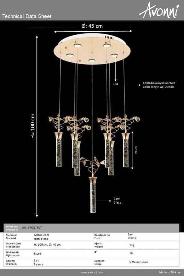 Sarı Kaplama Modern Çilçıraq LED Metal Pleksi Cam 50cm - 4