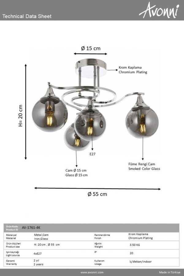 Krom Kaplama Modern Çilçıraq E27 Metal Cam 55cm - 2