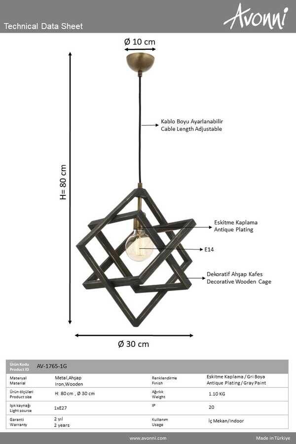 Eskitme Kaplama Modern Çilçıraq E27 Ahşap Metal 30cm - 4