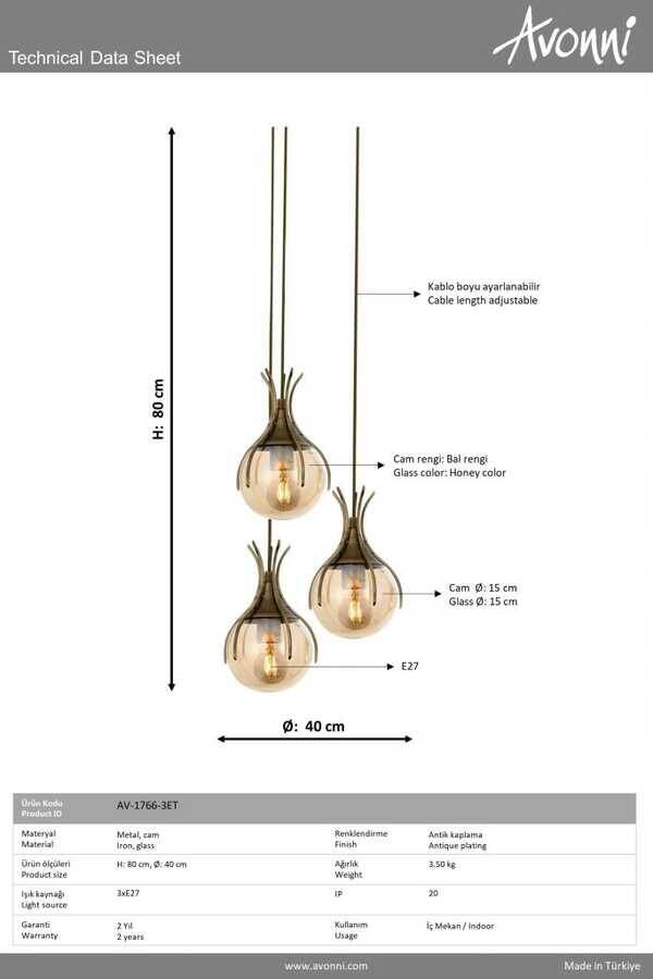 Eskitme Kaplama Modern Çilçıraq E27 Metal Cam 40cm - 3