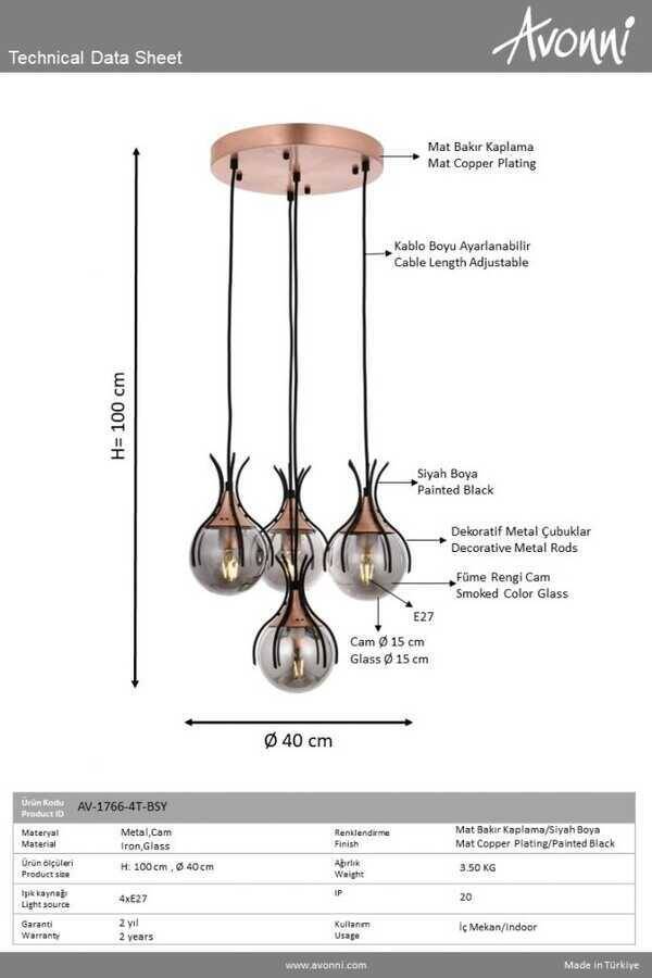 Siyah Boyalı Modern Çilçıraq E27 Metal Cam 40cm - 3