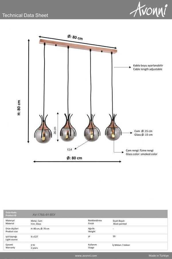 Siyah Boyalı Modern Çilçıraq E27 Metal Cam 70x13cm - 5