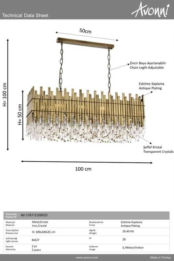 Eskitme Kaplama Klasik Çilçıraq E27 Metal Kristal 100x35cm - 4