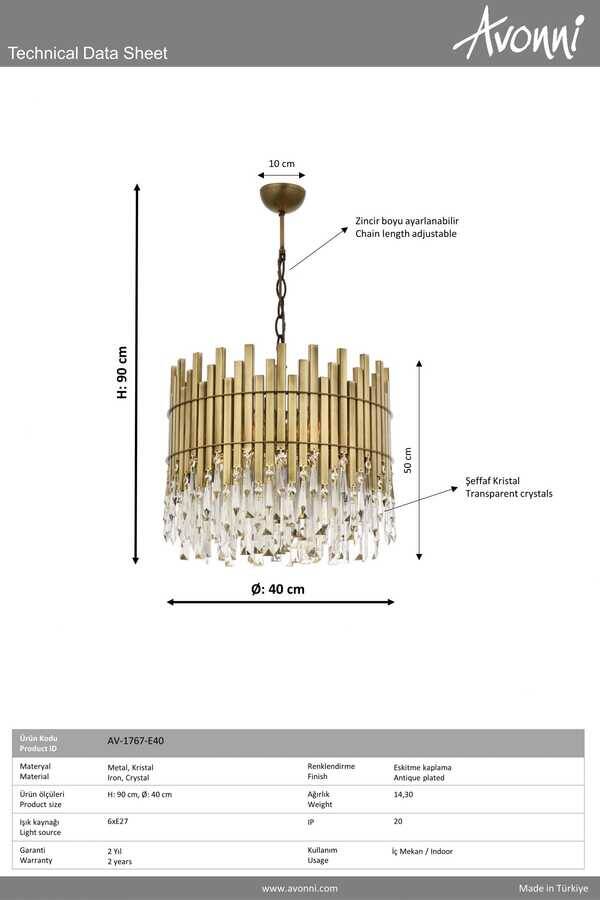 Eskitme Kaplama Klasik Çilçıraq E27 Metal Kristal 40cm - 3