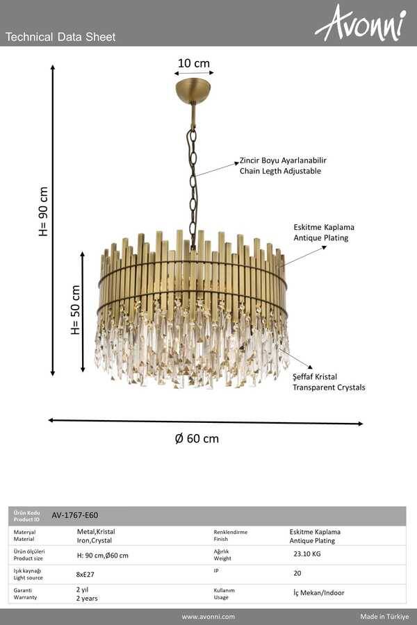 Eskitme Kaplama Klasik Çilçıraq E27 Metal Kristal 60cm - 4