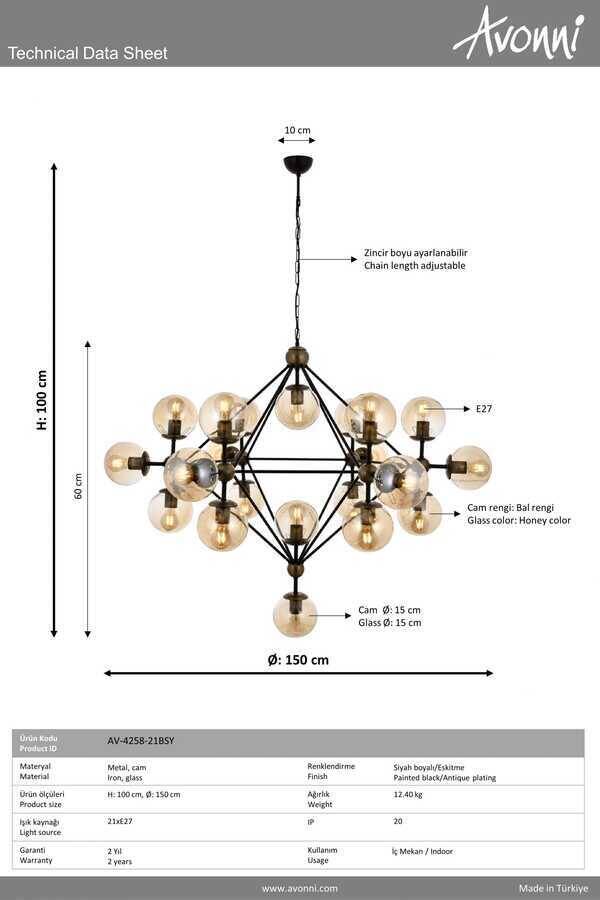 Siyah Boyalı Modern Çilçıraq E27 Metal Cam 150cm - 4