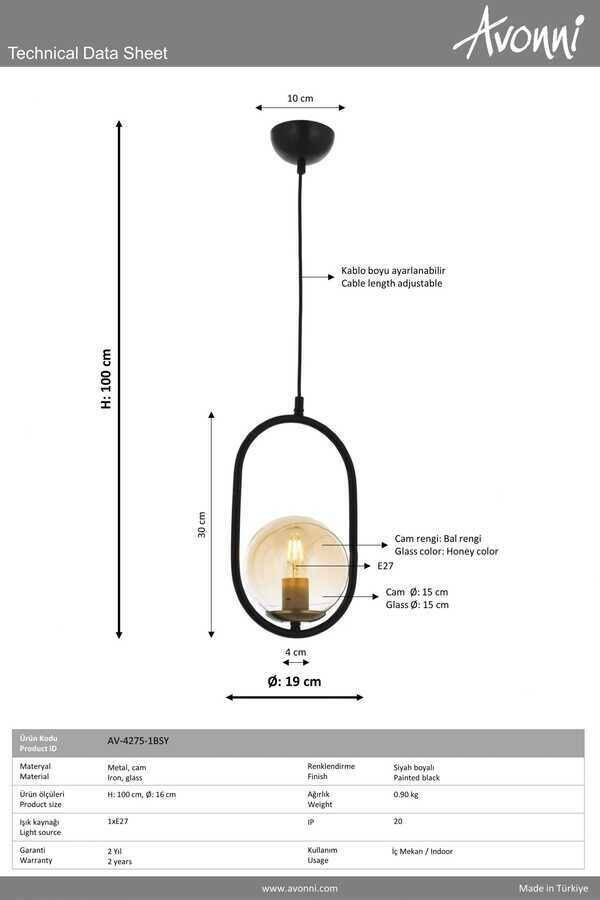 Siyah Boyalı Modern Çilçıraq E27 Metal Cam 16cm - 3