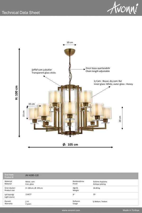 Eskitme Kaplama Modern Çilçıraq E27 Metal Cam 105cm - 3