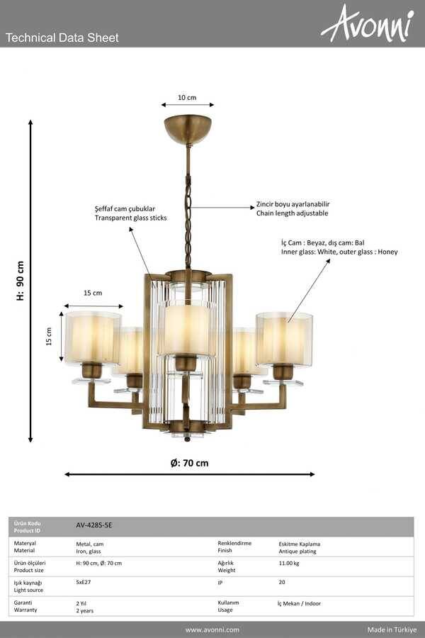 Eskitme Kaplama Modern Çilçıraq E27 Metal Cam 70cm - 4