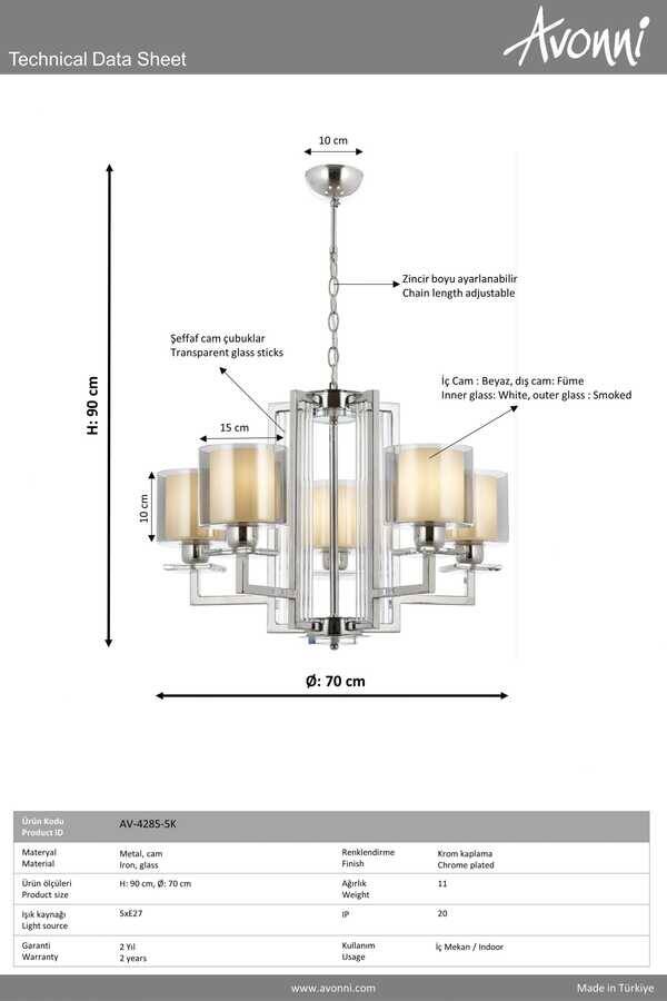 Krom Kaplama Modern Çilçıraq E27 Metal Cam 70cm - 2