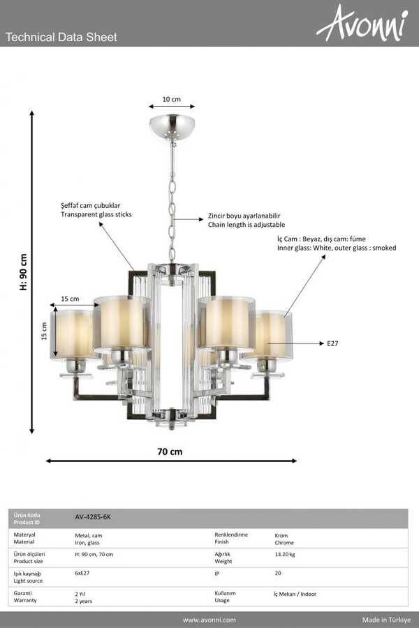 Krom Kaplama Modern Çilçıraq E27 Metal Cam 70cm - 2