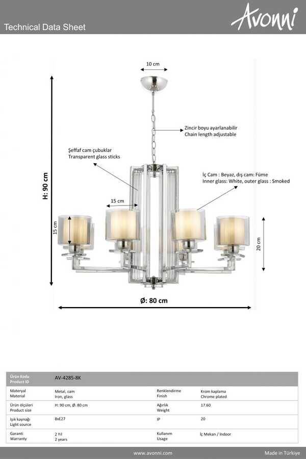 Krom Kaplama Modern Çilçıraq E27 Metal Cam 80cm - 3