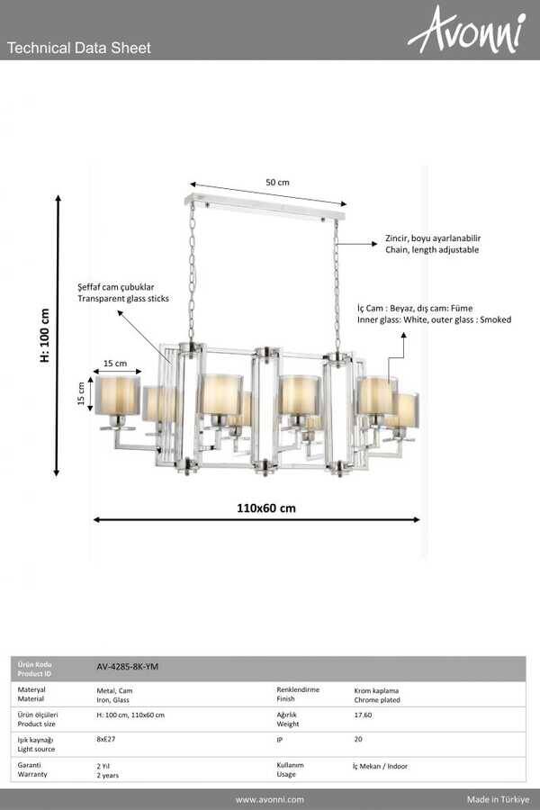 Krom Kaplama Modern Çilçıraq E27 Metal Cam 110x60cm - 2