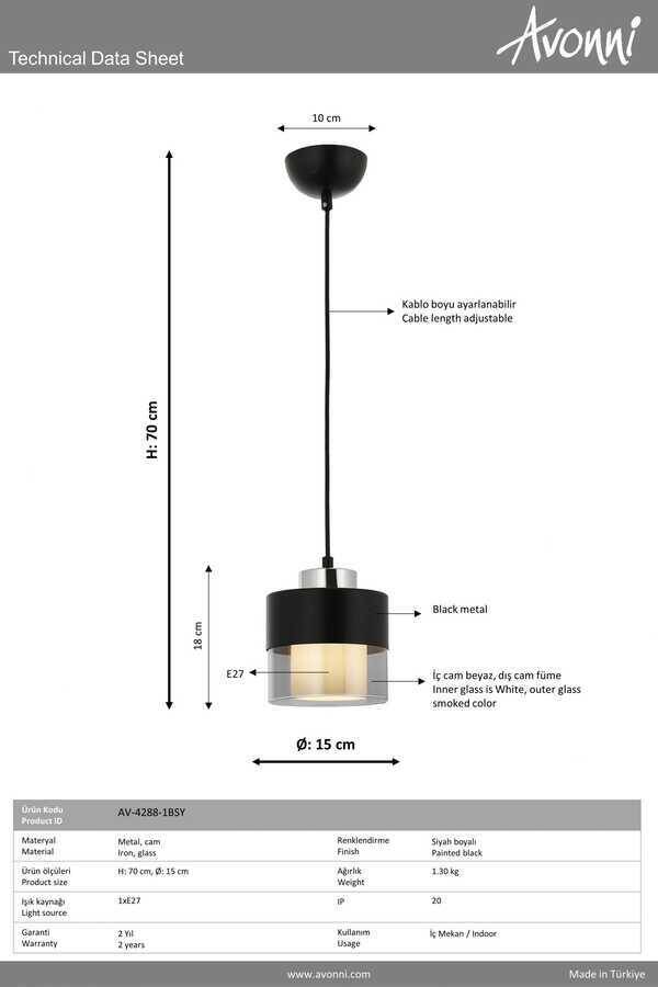 Siyah Boyalı Modern Çilçıraq E27 Metal Cam 15cm - 3