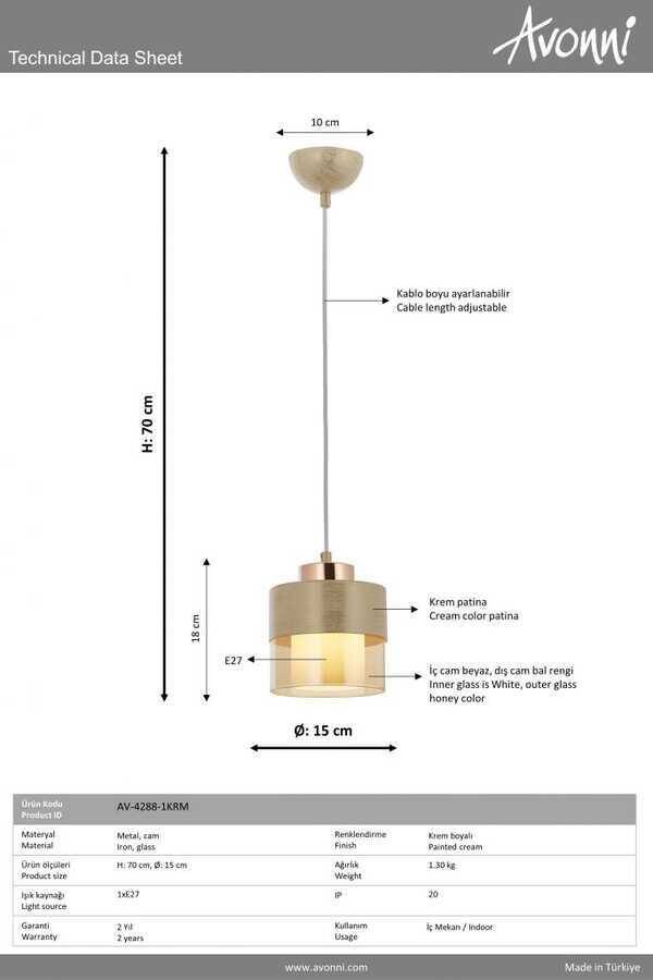 Krem Boyalı Modern Çilçıraq E27 Metal Cam 15cm - 2