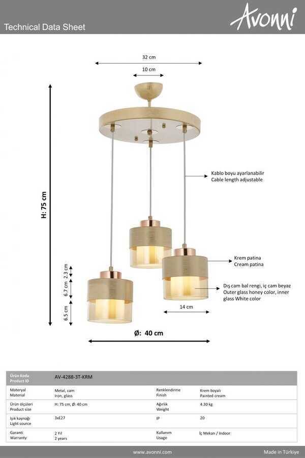 Krem Boyalı Modern Çilçıraq E27 Metal Cam 40cm - 3