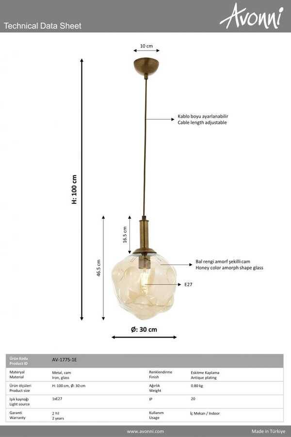 Eskitme Kaplama Modern Çilçıraq E27 Metal Cam 30cm - 4