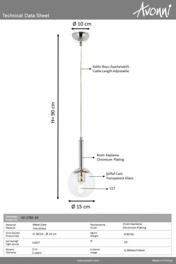 Krom Kaplama Modern Çilçıraq E27 Metal Cam 15cm - 3